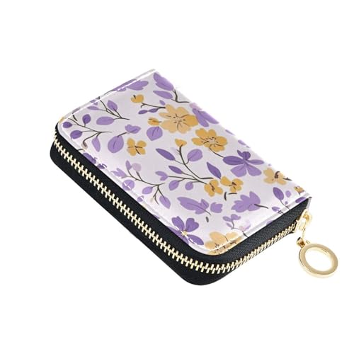 KLL Multi-Small Blumen und Blätter Lila und Gelb Leder Kartenhalter Geldbörse Damen mit Cion Geldbörse RFID Blockierung Kartenhalter für Frauen mit Reißverschluss von KLL