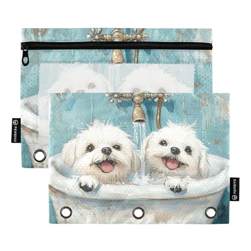 KLL Niedliche Malteser-Hunde-Badetasche, Kosmetiktasche für 3 Ringe, Bindertasche mit Löchern für Kinder, Schreibwaren-Organizer, Upplies von KLL