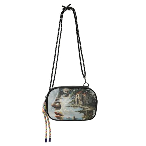 KLL Ölgemälde Kunst Gesicht Haus Meer abstrakte Schlinge Geldbörse Crossbody Herren Schönheit mit Kreditkartenfächern Handytasche zum Wandern Reisen von KLL