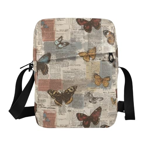 KLL Old Newspaper Butterflies Retro Herren Kuriertasche Veganes Leder Crossbody Taschen für Frauen Casual Schultertasche Handtasche für Damen von KLL