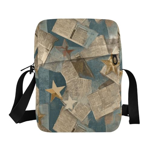 KLL Old Newspaper Gold Stars Retro Messenger Bag Crossbody Vegan Leder Herren Schultertasche Crossbody Shopping Frau Schultertasche Handtasche von KLL