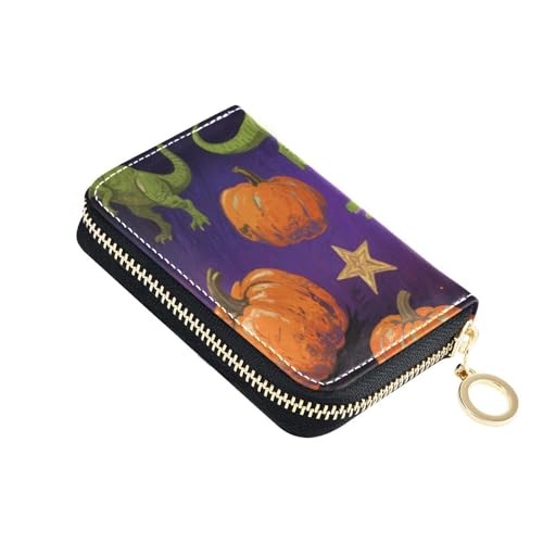 KLL Orange Evil Halloween Dinosaurier Leder Kleine Kartenbörse Frau mit 2 Geldfächern, RFID-blockierend, Kartenorganizer mit Reißverschluss von KLL