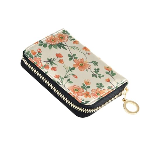 KLL Orange Flower Country Style Leder Damen Kartenhalter Geldbörsen mit 2 Geldfächern RFID Blocking Kleiner Kreditkartenetui mit Reißverschluss von KLL