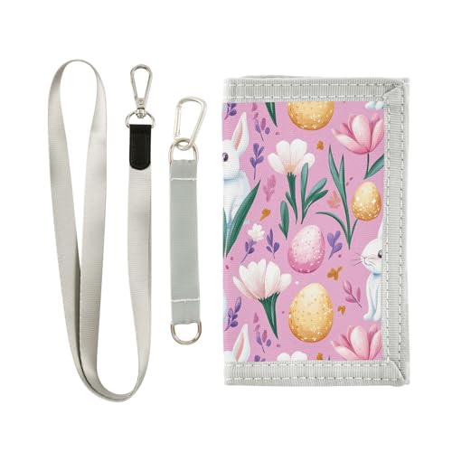 KLL Ostern Pfirsichhasen niedliche Blumen dreifach gefaltete Männer Geldbörse für Kreditkarten Einzigartiger stabiler Kartenhalter Geldbörse mit Umhängeband von KLL