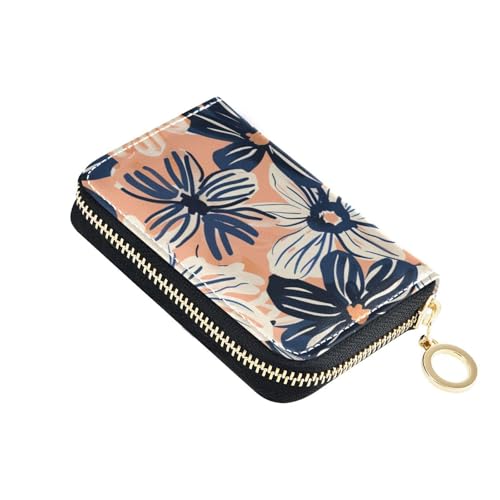 KLL Pfirsich- und marineblaue Blumenleder-Geldbörse für Damen, Kartenetui mit 9 Kartenfächern, RFID-blockierend, Kreditkartenetui mit Reißverschluss von KLL
