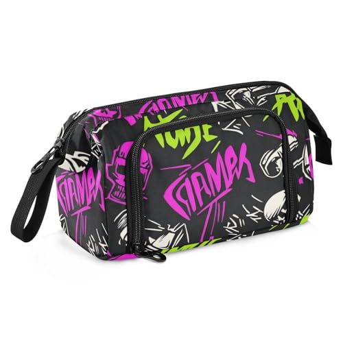 KLL Punk Peach Black Skulls Rock Pen Case Large Capacity Zip Pencil Case with Handle for Teen Girls Preppy School von KLL