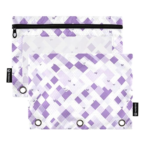 KLL Quadrate Türkis Weiß Sonnenblume Binder Tasche Weiche Federmäppchen für Binder Ordner mit 3 Ringen für Kinder Zuhause, Violett-weiße Schmetterlinge, 1 sizex2 von KLL