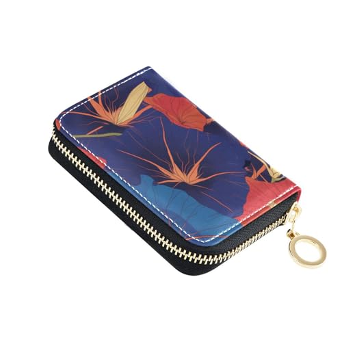 KLL Red Indigo Morning Glory Herren Kartenetui mit abstrakten Blumen, Leder, mit 2 Geldfächern, RFID-blockierend, Kreditkartenetui mit Reißverschluss von KLL