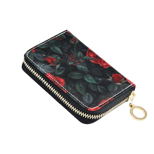 KLL Red Roses Leder-Kartenetui für Damen mit 9 Kartenfächern, RFID-blockierend, Kreditkartenetui für Herren mit Reißverschluss von KLL
