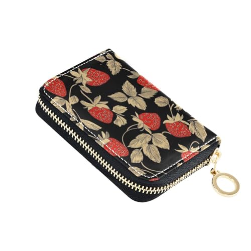 KLL Red Strawberry Leder Kreditkartenetui für Damen mit 9 Kartenschlitzen, RFID-blockierend, kleiner Kartenhalter mit Reißverschluss von KLL