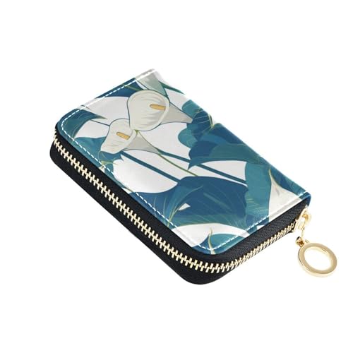 KLL Retro Calla Lilie Blumen Weiß Grün Leder Rdfi Kreditkartenetui Damen mit Cion Geldbörse RFID Blockierung Kartenhalter mit Reißverschluss von KLL