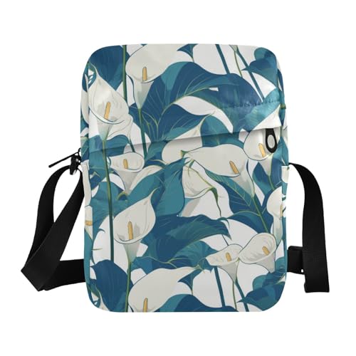 KLL Retro Calla Lilie Blumen Weiß Grün Messenger Bag Crossbody Vegan Leder Herren Schultertasche Crossbody Reise Schultertasche Handtasche für Damen von KLL