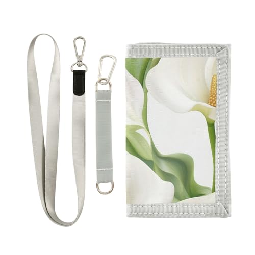 KLL Retro Calla Lily White Trifold Wallets with Money Clip for Woman Nylon Casual Billfold with Lanyard von KLL