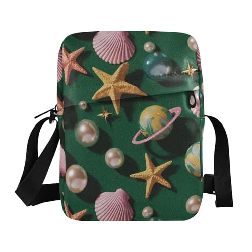 KLL Retro Seestern Pearl Shell Green Messenger Bag für Damen Crossbody Vegan Leder Herren Schultertasche Shopping Lady Shoulder Handtaschen von KLL