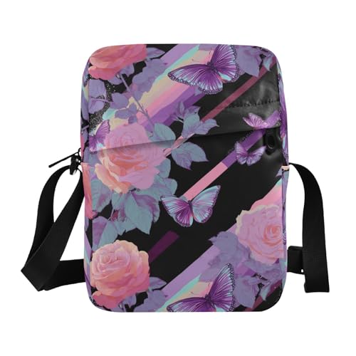 KLL Roses Butterfly Vapor Wave Style Herren Messenger Bag Crossbody Veganes Leder Herren Schultertasche Einkaufstasche Schultertasche Handtasche von KLL