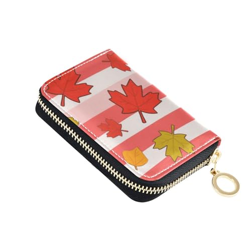 KLL Rot-weiß gestreiftes Ahornblatt-Leder, kleine Kreditkartenetui mit 9 Kartenfächern, RFID-blockierend, Damen-Kartenetui mit Reißverschluss von KLL