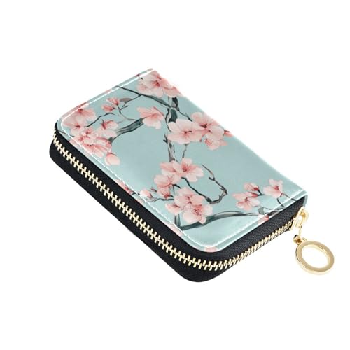 KLL Safari Pink Cherry Blossom Teal Leather Wallet Card Holder with Cion Purse RFID Blocking Men Card Holder with Zipper von KLL