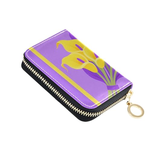 KLL Schicke gelbe Calla-Lilie, violetter Hintergrund, minimalistischer Stil, Leder, Kreditkartenetui für Damen, mit Zion-Geldbörse, RFID-blockierend, kleines Kreditkartenetui mit Reißverschluss von KLL