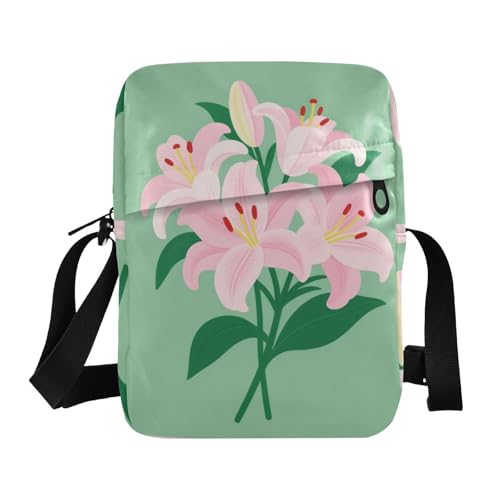 KLL Schicke rosa Lilien-Blumen-Grüne Kuriertasche für Damen, veganes Leder, Umhängetasche, Einkaufstasche, Damen, Schulterhandtaschen von KLL