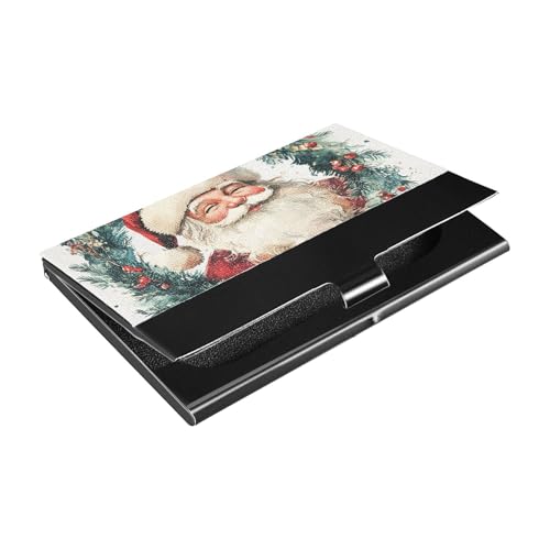 KLL Schlanker Kartenhalter mit Weihnachtsmann auf einem Kranz, Aquarell-Stil, für Visitenkarten, mit Leder- und Edelstahl-Kartenhalter für Damen oder Herren, Portatarjetas para Hombre von KLL
