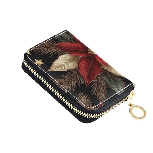 KLL Schwarz Rot Blume Merry Christmas Leder Kleine Kartenetui Frau mit Cion Geldbörse RFID Blockierung Damen Kartenhüllen mit Reißverschluss von KLL