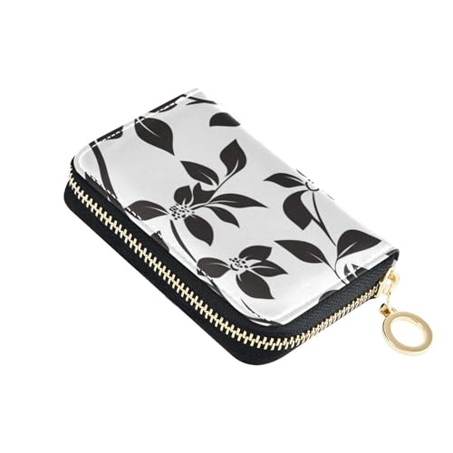 KLL Schwarze Blumen-Silhouette, Ledergeldbörse für Karten mit 2 Geldfächern, RFID-blockierendem Kartenhalter mit Reißverschluss von KLL