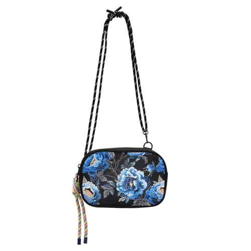 KLL Schwarze Geldbörse mit blauer Pfingstrosen-Stickerei, für Herren, bequem, mit verstellbarem Riemen, lässige Handy-Brusttasche, Datum von KLL