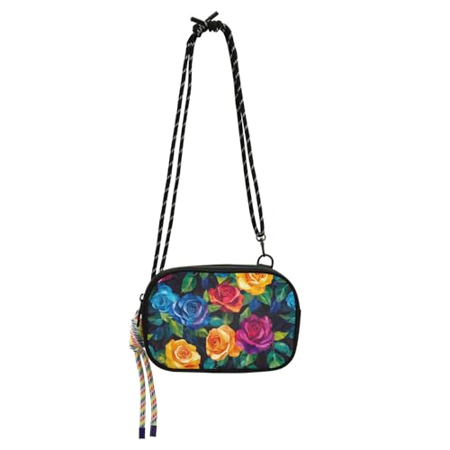 KLL Schwarze Umhängetasche für Damen, lebendige bunte Rosen, praktisch, mit verstellbarem Riemen, Handtaschen für Spaziergänge von KLL