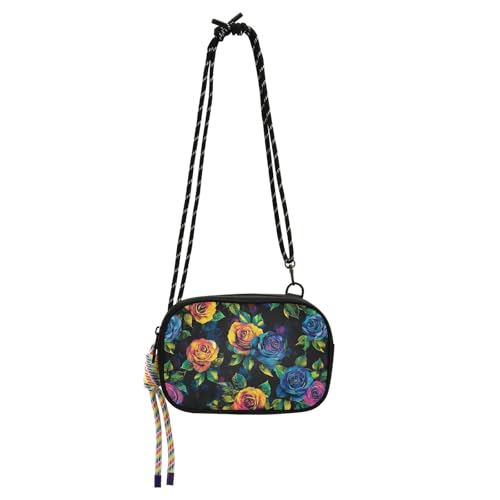 KLL Schwarze lebendige bunte Rosen, Damen-Geldbörse, Crossbody, Herren, wasserdicht, mit verstellbarem Riemen, schwarze Handtasche zum Einkaufen von KLL