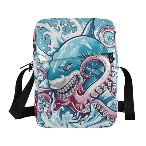 KLL Shark Fight Animal Sea Blue Sea Herren Messenger Bag Veganes Leder Schultertasche Crossover Bag Shopping Schultertasche Handtasche von KLL