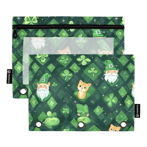 KLL St.Patrick's Lucky Shamrocks Federmäppchen aus Kunststoff für 3-Loch-Bindertaschen mit 3 Löchern, St. Cat Kleeblatt-Zwerg, 1 sizex2 von KLL