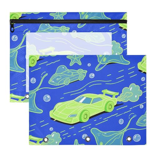 KLL Stiftebox mit 3 Ringen, für A4-Papier, Briefe, 2 Stück, Lehrer, Schulbedarf, Ozean, Tier, Seestern, Auto, Chartreuse, Blau von KLL