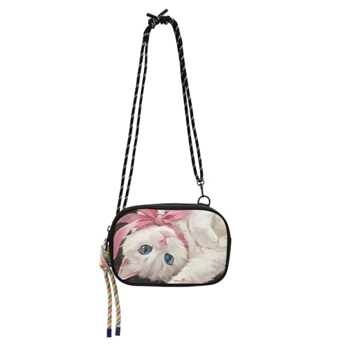 KLL Süße Cartoon-Umhängetasche für Damen, mit weißem Katzen-Motiv, praktisch, mit verstellbarem Riemen, Mini-Umhängetasche, für Spaziergänge von KLL
