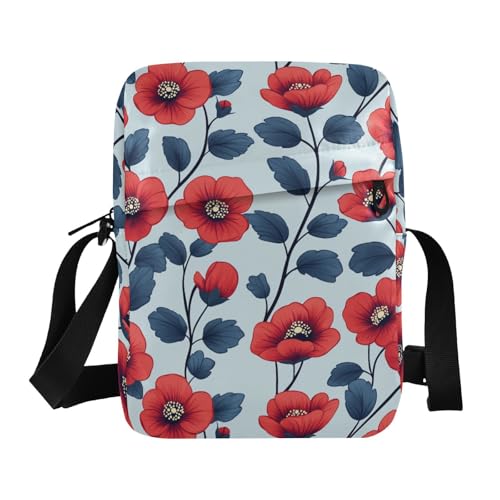 KLL Süße Kuriertasche aus veganem Leder, für Herren, mit roten Blumen, Hellblau von KLL