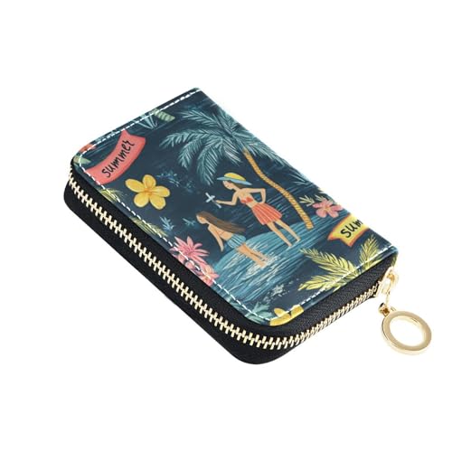 KLL Summer Tropical Tree Leder Damen Kartenhalter Geldbörse mit 2 Geldfächern, RFID-blockierend, Kartenetui für Damen mit Reißverschluss von KLL