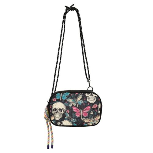 KLL Totenköpfe Retro Blumen Schmetterling Sling Geldbörse Crossbody Herren Trendy mit verstellbarem Riemen Schwarz Handtasche Go Shopping von KLL