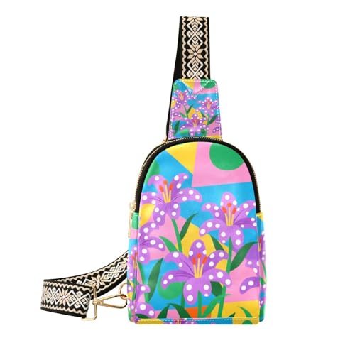 KLL Trendige, bunte geometrische Formen, lila Lilien, Mehrzweck-Bauchtasche, Brusttasche zum Wandern von KLL
