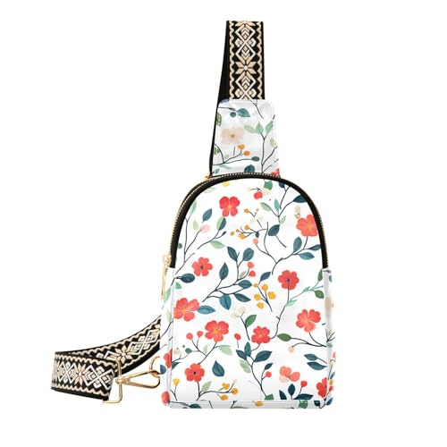 KLL Trendige Brusttasche mit rotem Blumenmuster und grünen Blättern für Mehrzweck, kleine Umhängetasche zum Wandern KLL Trendige Brusttasche mit rotem Blumenmuster und grünen Blättern für Mehrzweck, kleine Umhängetasche zum Wandern von KLL