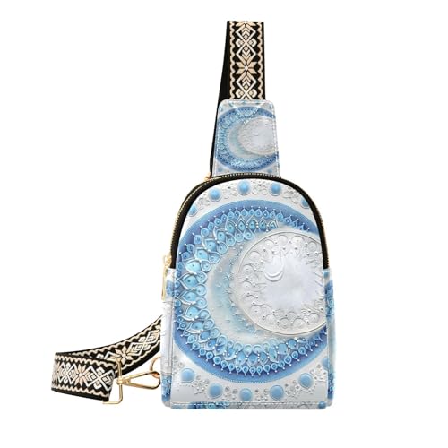 KLL Trendige Mandala-Mond- und Stern-Formen, weiß-blau, Bauchtasche, Umhängetasche, modischer Schulter-Rucksack, Schultertasche für Tagesrucksack von KLL