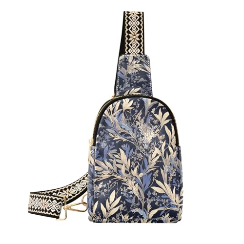 KLL Trendige Retro-Blätter-Muster, federförmig, dunkelblau, beige, Tasche für Damen, niedliche Schultertasche für Damen zum Wandern KLL Trendige Retro-Blätter-Muster, federförmig, dunkelblau, beige, Tasche für Damen, niedliche Schultertasche für Damen zum Wandern von KLL
