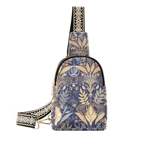 KLL Trendige Retro-Blätter-Muster, federförmig, dunkelblau, dunkelgrün, kleine Umhängetasche, leichte Schultertasche, Bauchtasche für Tagesrucksack von KLL