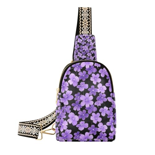 KLL Trendige kleine lila Blumen schwarze Brusttasche im minimalistischen Stil für wasserdichte Umhängetasche für Reisen KLL Trendige kleine lila Blumen schwarze Brusttasche im minimalistischen Stil für wasserdichte Umhängetasche für Reisen von KLL