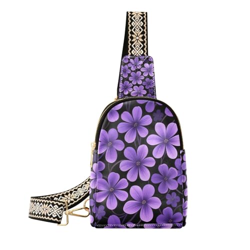 KLL Trendige kleine lila Blumen schwarze minimalistische Tasche für Herren Leder Bauchtasche Crossbody für Tagesrucksack KLL Trendige kleine lila Blumen schwarze minimalistische Tasche für Herren Leder Bauchtasche Crossbody für Tagesrucksack von KLL