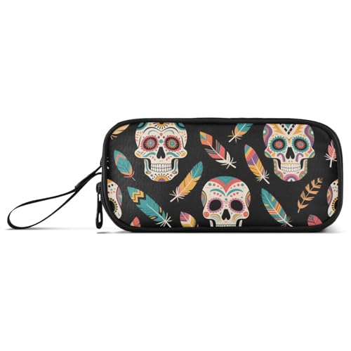KLL Tribal-Stil Totenkopf und Federn, Nylon-Federmäppchen für Teenager, großes Fassungsvermögen, Schreibwaren-Organizer für College-Männer von KLL