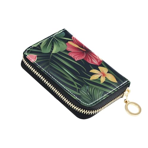 KLL Tropical Plants Hawaii Leder Damen Kartenhalter Geldbörsen mit 2 Geldschlitzen RFID Blocking Kartenhalter mit Reißverschluss von KLL
