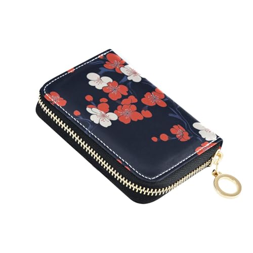 KLL Ukiyo-e Kreditkartenetui mit 2 Geldfächern, RFID-blockierend, mit Reißverschluss, Kirschblüten-Leder, Rot und Weiß von KLL