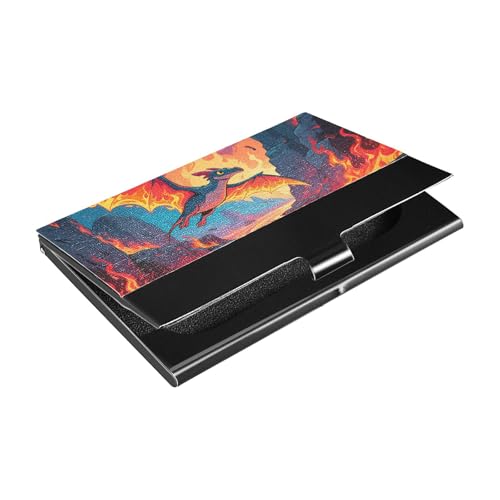 KLL Ultradünner Visitenkartenhalter mit Cartoon-Dinosaurier mit Feuer und Leder und Edelstahl, Kreditkartenetui für Geschäftstreffen, Tarjetero para Hombres von KLL