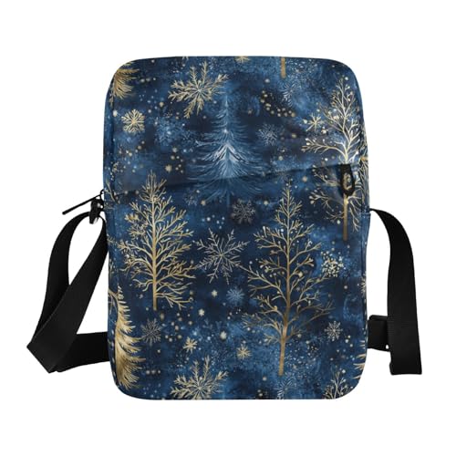 KLL Umhängetasche, Motiv: Blaue goldene Bäume, Weihnachten, Hirsch, veganes Leder, kleine Umhängetasche, Damen, lässige Schultertasche für Reisen von KLL