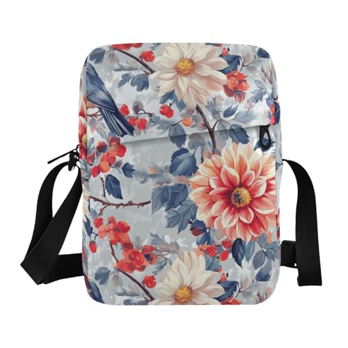 KLL Umhängetasche aus veganem Leder, Motiv: Blumen Dahlie, Kirschblüten, Vögel, für Herren, lässige Schultertasche für Reisen von KLL
