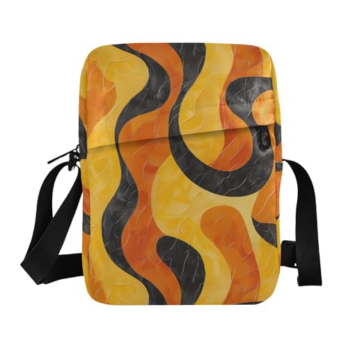 KLL Umhängetasche aus veganem Leder, Orange / Schwarz, Wellenlinie, für Reisen, Schultertasche für Damen von KLL